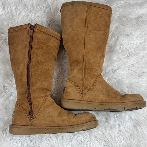 UGG Australia Kenly 1890 Winter Tall Chestnut Suede Side Zip Boots Womens Size 6 - Picture 1 of 10